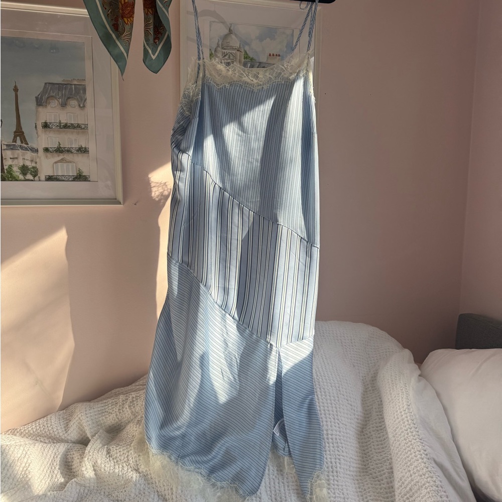 Future Collective Blue Striped Dress with Lace